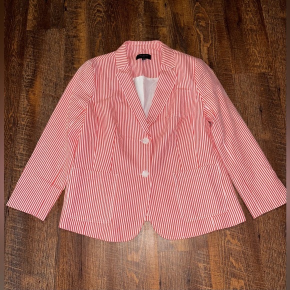 Talbots Muted Rosy Red & White Striped Seersucker Size 14P Cotton Blazer Jacket - Picture 1 of 4